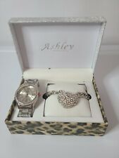 Ashley Princess Set Silver Analog Round Watch And Bracelet With Dimond Heart