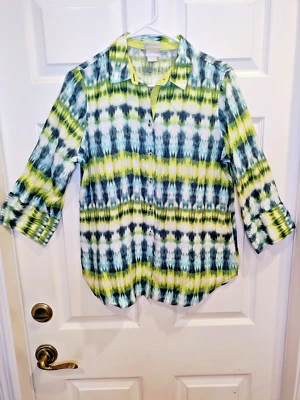 Blusa Chico's Talla 0=S/4 100% Lino Sin Hierro Acuarela Tie Dye Artística Abotonada Foto 1 de 4