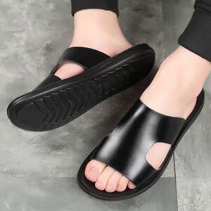 Men Genuine Leather Sandals Slip On Slides Shoes Rubber Beach Slide Slippers
