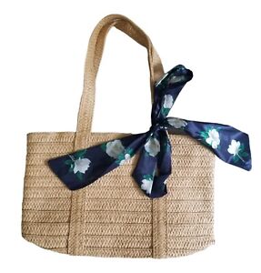 Draper James Everyday Straw Natural Blue Floral Scarf Summer Shoulder Bag Tote