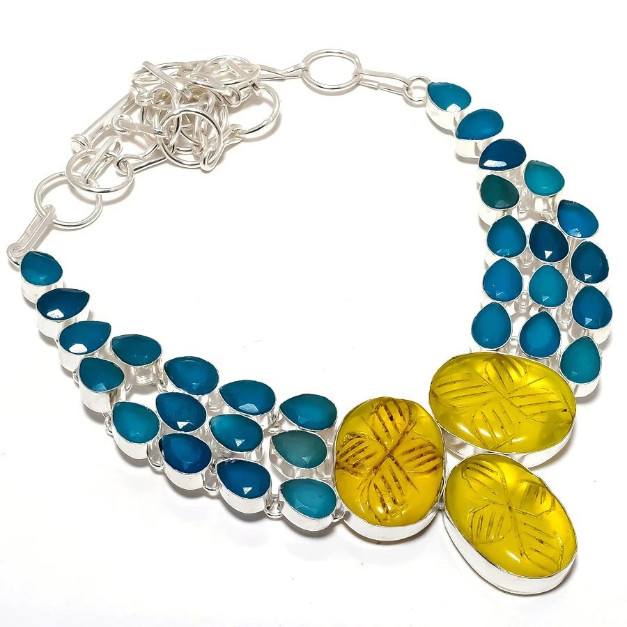 Collar de joyería de plata 925 hecho a mano con piedras preciosas de ónix amarillo, ónix 18" R-1210 Foto 1 de 1
