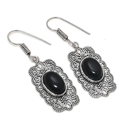 Orecchini in onice nera forma ovale pietra preziosa fatti a mano bellissimi g... - Immagine 1 di 4