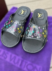 Auth Louis Vuitton Black Multicolor Slides x Takashi Murakami Motif - Picture 1 of 3