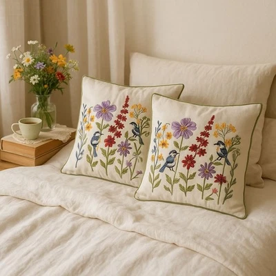 Embroidered Floral Bird Pillow Covers Set of 2 Square Decorative Throw Botanical - Image 1 of 4