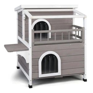 2-Tier Wooden Cat House Outdoor Kitty Shelter w/ Escape Door Rainproof Gray - Picture 1 of 8