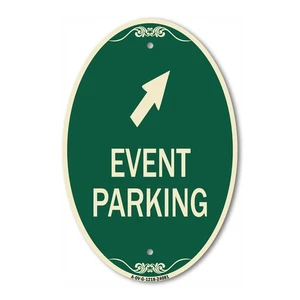 Event Parking (Up Right Arrow Symbol) 12" x 18" Green & Tan Aluminum Oval Sign - Picture 1 of 4