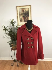 Ann Taylor Pea Coat SP Pocket Long Sleeve Full Double Breasted Red Pocket Preppy - Picture 1 of 9