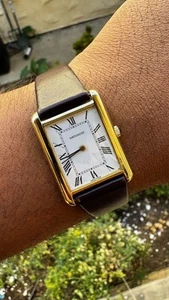 MOVADO 14k Solid Gold Tank White Dial Roman Numerals Brown Leather Strap Watch - Picture 1 of 12