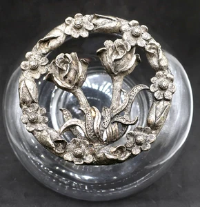 Vintage 1980's Anchor Hocking Clear Glass Potpourri Jar w Rose Flower Metal Lid - Picture 1 of 8