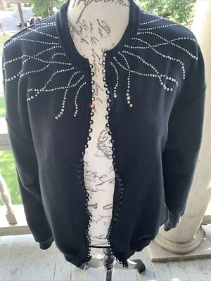 Vintage Women's Hand Decorated Rhinestones Sweatshirt Zipper Front Sz M  Bling  - Image 1 of 4