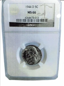 1944-D Jefferson Nickel, MS 66 Kupfer und Silber NGC CERT 42646730-014 - Bild 1 von 2