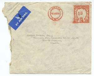Great Britain 1954 Red Meter Airmail Cover from London to Rio de Janeiro Brazil - Picture 1 of 2