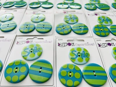 30 Cards Novelty Buttons Green Blue Smile Blumenthal Lansing Crafts Sewing Lot - Image 1 of 4