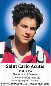 Holy Card (5" X 3") of Saint Carlo Acutis & a 1" Silver Oxidized Medal of Carlo - Picture 1 of 3