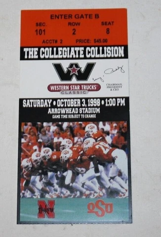 1998 NEBRASKA HUSKERS - OKLAHOMA STATE @ ARROWHEAD STADIUM TICKET STUB Cover