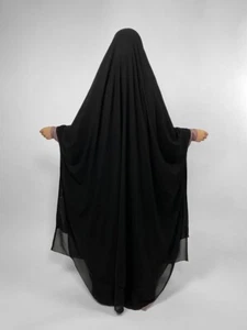 black Long Chiffon cape Khimar | 2 Layer | Snap Buttons built in niqab - Picture 1 of 5