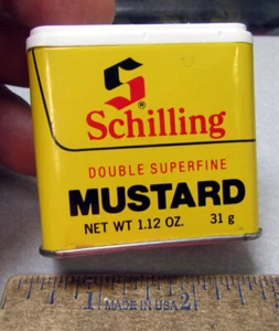 Schilling MUSTARD 1.12 oz spice tin, empty, 1970s version, Cheese Biscuits back - Picture 1 of 3