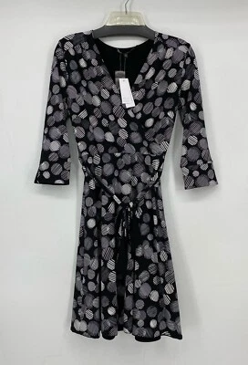 WHBM Black White Large Polka Dot 3/4 Sleeve Faux Wrap Dress Women’s Size XXS - Image 1 of 4