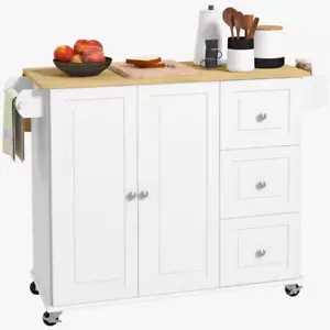 New White Kitchen Island Cart 45" Rubberwood Top Drop Leaf 3 Drawers, Spice Rack - Picture 1 of 12