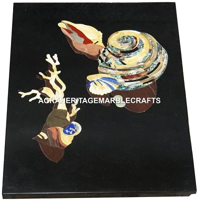 Black Marble Top Coffee Table Tops, Semi Precious Inlay Arts Table Hallway Decor - Image 1 of 4