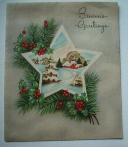 Homestead in star with holly pines Christmas vintage greeting card *B5 - Picture 1 of 3