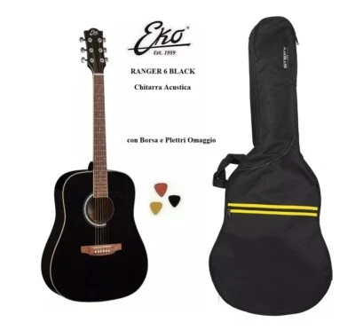 EKO RANGER 6 BLACK NERA CHITARRA ACUSTICA FOLK CON BORSA e 3 PLETTRI NUOVA - Immagine 1 di 4