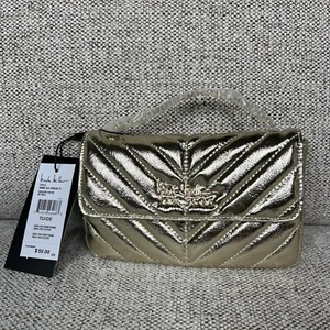 Nicole Miller Shoulder Bag Gold Quilted Logo Chain Strap Crossbody Purse New - Picture 1 of 9
