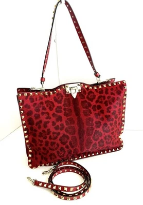 VALENTINO Pony Hair Leopard Print Rockstud Tote Bag - Red, Black, Gold H/W - Image 1 of 4