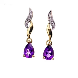 9ct Amethyst Dangle Earrings Gold Diamond Natural Gemstones 1.24ct Boxed Gift - Picture 1 of 12