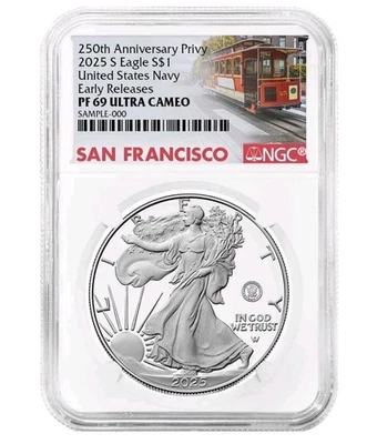 Etiqueta de carrinho 2025-S Proof $1 American Silver Eagle Navy Privy NGC PF69UC ER - Imagem 1 de 2