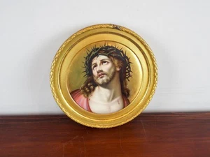 Antique Porcelain Round Plaque Jesus Wears Crown Of Thorns Framed German Art - Picture 1 of 12