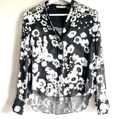 Blusa Alice + Olivia negra pura floral XS cuello en v seda manga larga hi lo top Foto 1 de 4
