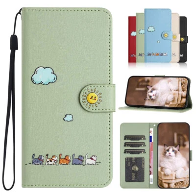 CASE FOR IPHONE 15 14 13 12 11 SE PRO WALLET FLIP PHONE COVER BLACK CUTE KITTY - Image 1 of 4