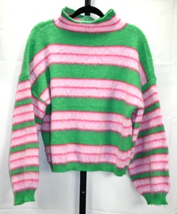 Fuzzy High Neck Long Sleeve Pullover Sweater Size XL Pink & Green Striped - Picture 1 of 3