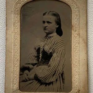 Antique Tintype Photograph Beautiful Stoic Young Woman Middle Part Corset - Picture 1 of 9