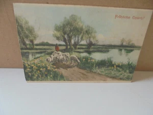 Künstler AK Fröhliche Ostern!  Mann,Schafe,Weg,Wasser,Blumenwiesen,Bäume gel.04 - Bild 1 von 3