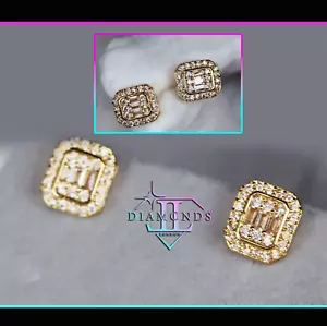 Mens Iced Out Ear Studs, Baguette Diamond Ear Studs, Womens Gold Ear Studs - Picture 1 of 7