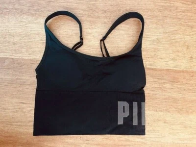 PINK Victoria's Secret Black Gray X-SMALL Seamless Lined Scoop Crop Sport Bra VS - Image 1 of 2