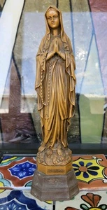 Vintage Statue of Our Lady of Lourdes, Fake Wood Germany "Pray The Rosary" - Picture 1 of 14