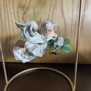 White Ceramic Angel Holly Bells Christmas Ornament Holiday Decoration - Picture 1 of 8