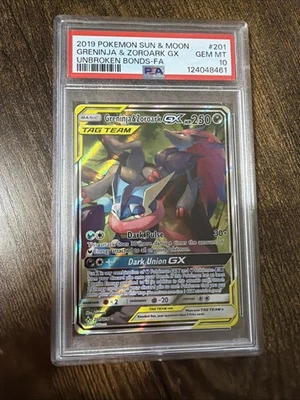 2019 POKEMON SUN & MOON UNBROKEN BONDS FULL ART/GRENINJA & ZOROARK GX PSA 10 - Image 1 of 2