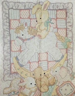 Edredón de bebé vintage cuna bordado a mano animales manta osos caballos 32x42 XLNT Foto 1 de 4