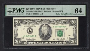 United States-FRN 20 Dollars 1993 Fr#2080-L (LG Block) "Radar S/N" UNC Grade 64 - Picture 1 of 2