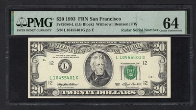 United States-FRN 20 Dollars 1993 Fr#2080-L (LG Block) "Radar S/N" UNC Grade 64 - Image 1 of 2