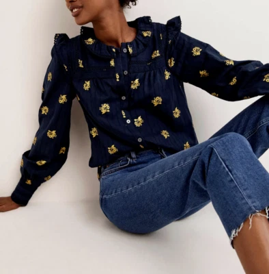 Blusa de algodón con ribete de ganchillo BODEN NUEVA CON ETIQUETAS - Reino Unido 10 - Azul marino y dorado - T1023 Foto 1 de 4