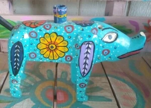 Large 15"Oaxacan Mexican Folk Art Hand Carved /Painted Wooden Pig Candle Holder - Picture 1 of 5