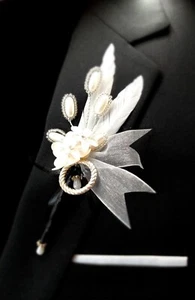 Boutonniere for men Prom Wedding One-of-a-Kind New Ribbon Flowers Bling - Picture 1 of 5