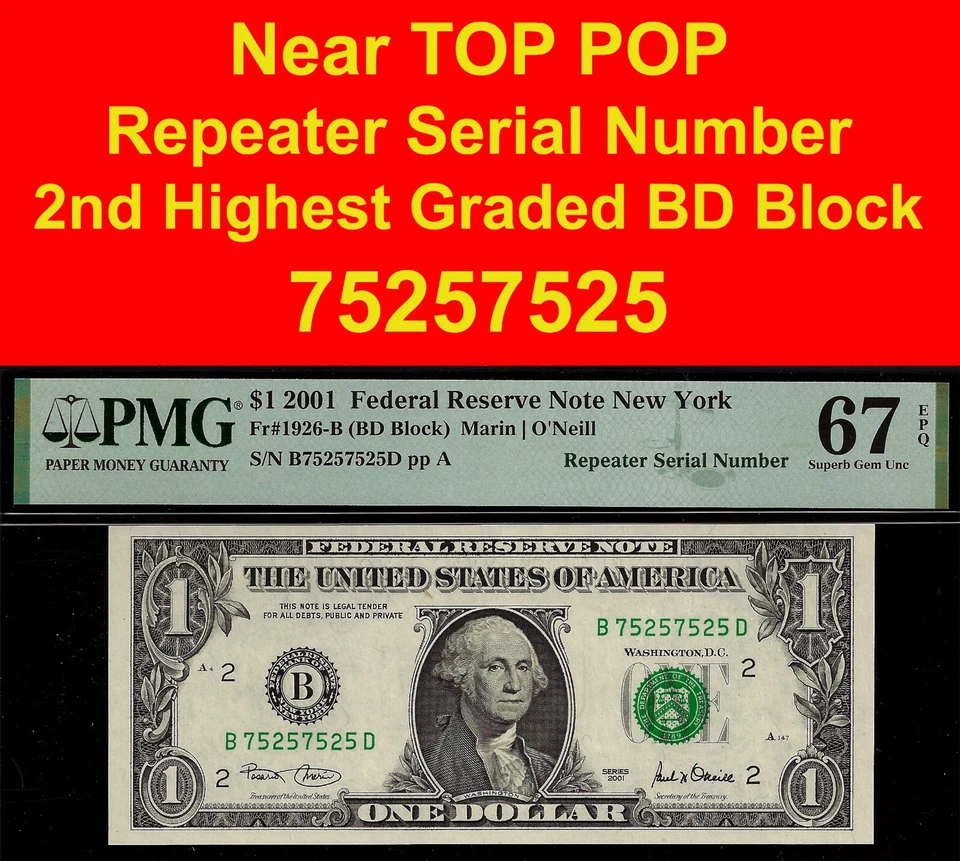2001 $1 Federal Reserve Note Repeater PMG 67EPQ 2nd highest graded gem repeater - Image 1 of 4