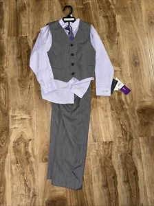 3 Piece Boys Suit Size 7 . Kenneth Cole Gray Purple Vest Pants, Long Sleeve Tie - Picture 1 of 7