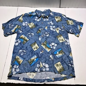 Vintage Hawaiian Shirt Mens XL Blue Rayon Button Up Long Sleeve M.E. Sport - Picture 1 of 8